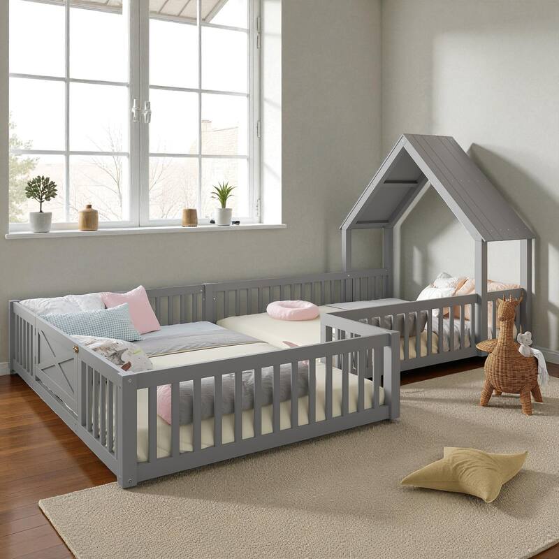 Twin/Full Size House Floor Bed with Door and Guardrails, Double Twin/Full Solid Wood Montessori Bed for Kids