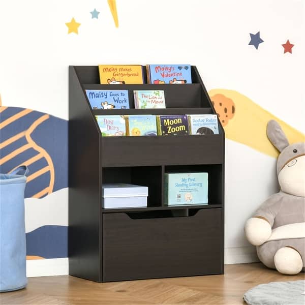 slide 2 of 37, 3-Tier Kids Book Shelf Cabinet with 2 Storage Compartment and Large Drawer - 23.5" W x 11.75" D x 35.5" H Brown