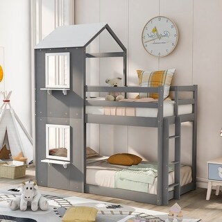 Grey Twin over Twin Solid Wood Bunk Bed with Roof, Window, and Guardrail