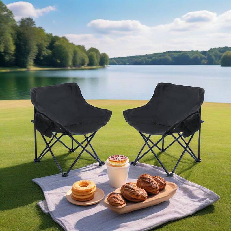 2PCS Folding Portable Outdoor Camping Chairs with Carry Bag Black - Black