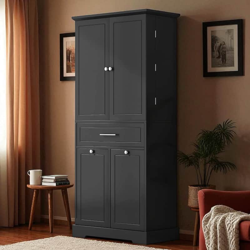 Freestanding Bathroom Storage Cabinet with Tilt-Out Laundry Hamper, Adjustable Shelf, Drawer & Door Storage, Black MDF - Black