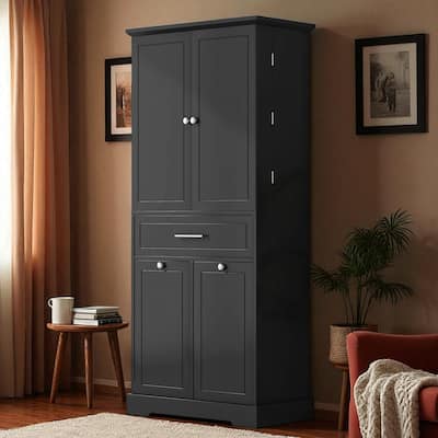 Freestanding Bathroom Storage Cabinet with Tilt-Out Laundry Hamper, Adjustable Shelf, Drawer & Door Storage, Black MDF