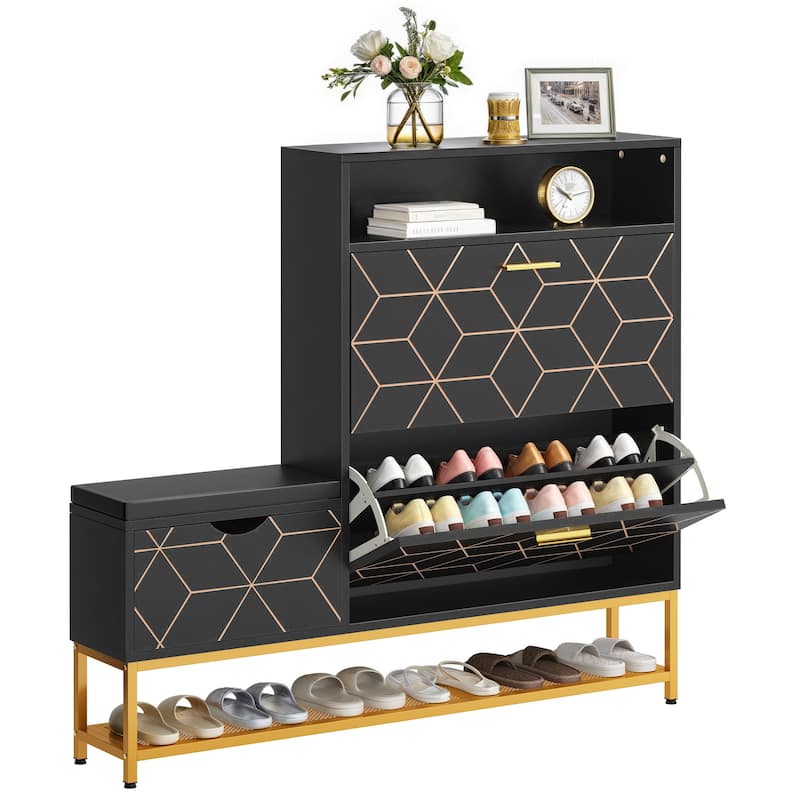 Moasis 22 Pairs Shoe Cabinet with 2 Flip Drawers, Narrow Shoes Rack with Storage Bench - Black