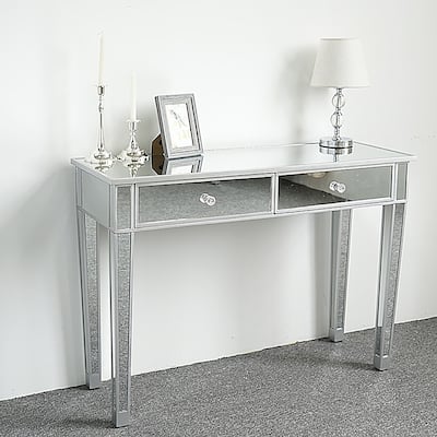 Silver Modern Glass Mirrored Makeup Table with Drawers and Large Work Surface Perfect for Home or Office