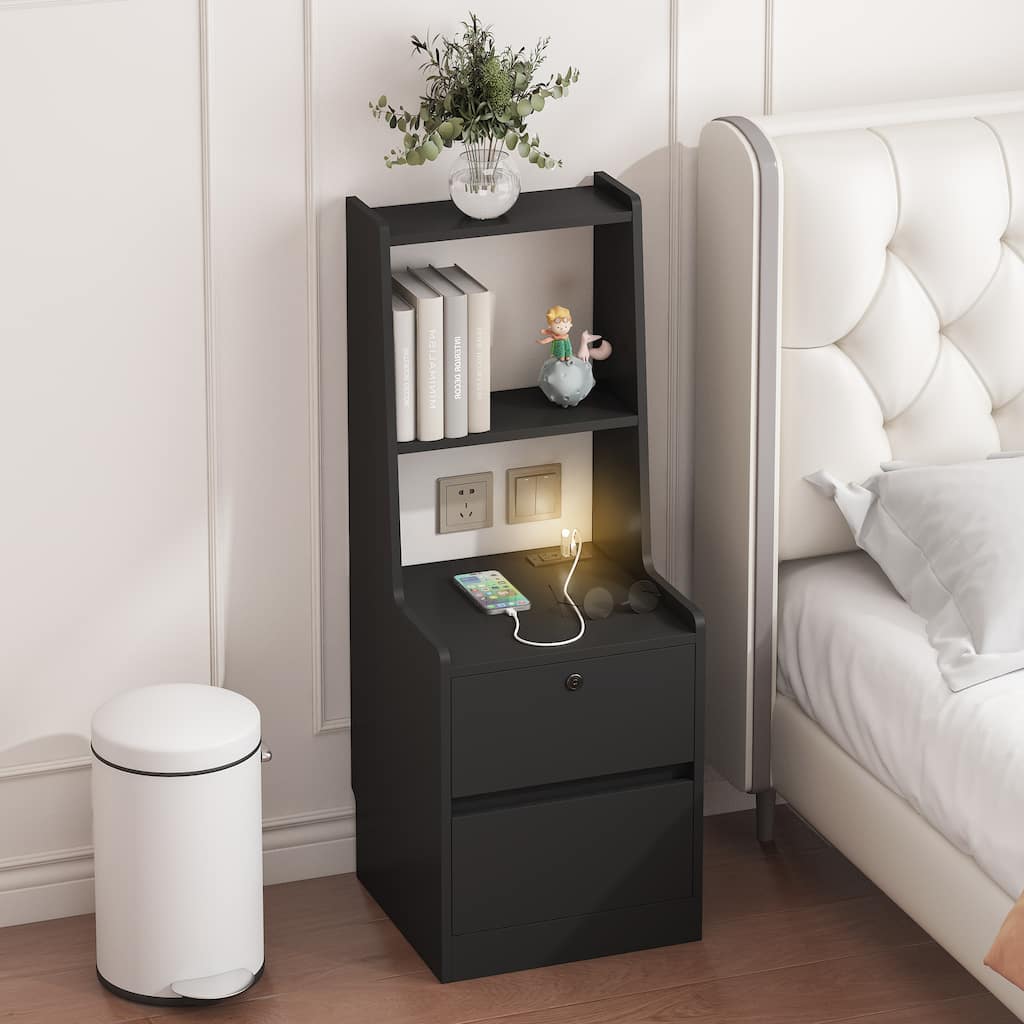 Modern Nightstand with Charging Station, Night Light, and Storage Cabinet