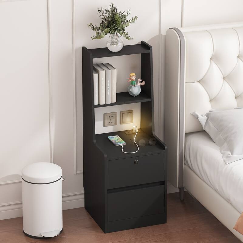 Modern Smart Nightstand with Wireless Charging & Adjustable Night Light – Bedside Table with Storage Cabinet and Open Shelf