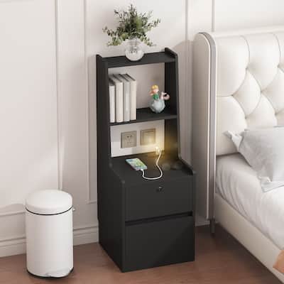Nightstand with Charging Station, Smart Nightstand with Night Light, Modern Night Stand with Bookshelf