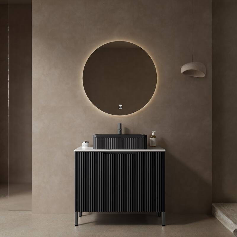 30"Bathroom Vanity with Sink, Freestanding Storage Cabinet with 2 Doors, Ceramic Basin and Carrara White Counter Top - Black