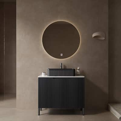 Freestanding Bathroom Vanity with Vertical Stripe Design and Soft-Close Doors, Ceramic Basin with Curved Edges