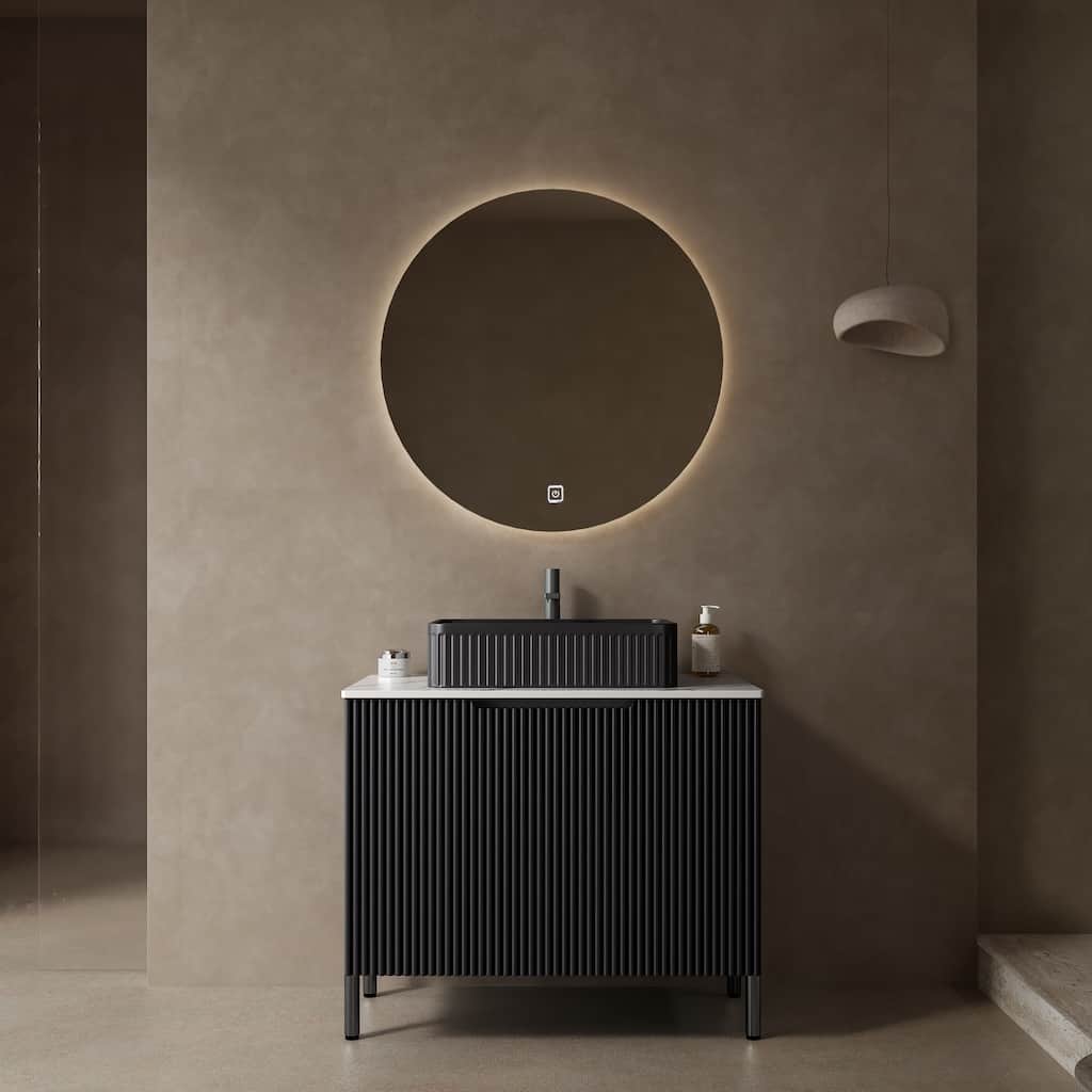 Freestanding Bathroom Vanity with Vertical Stripe Design and Soft-Close Doors, Ceramic Basin with Curved Edges