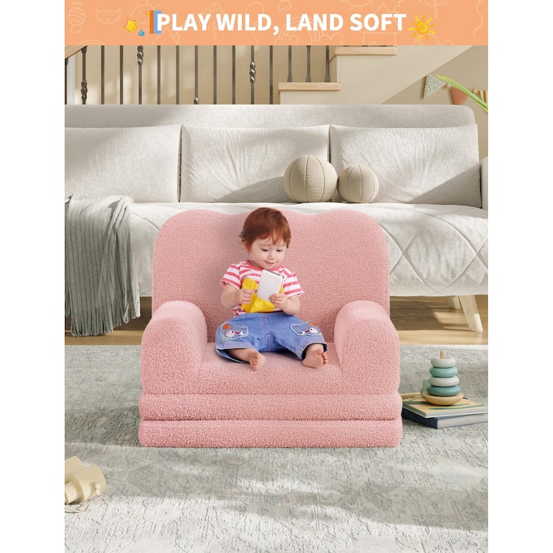 Kids Couch, 2-in-1 Convertible Teddy Fleece Fabric Toddler Sofa Chair
