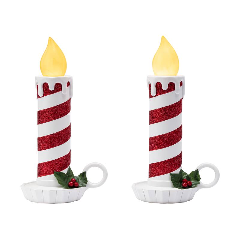 10" Set of 2 Flickering LED Resin Glittery Striped Candles - Red & White