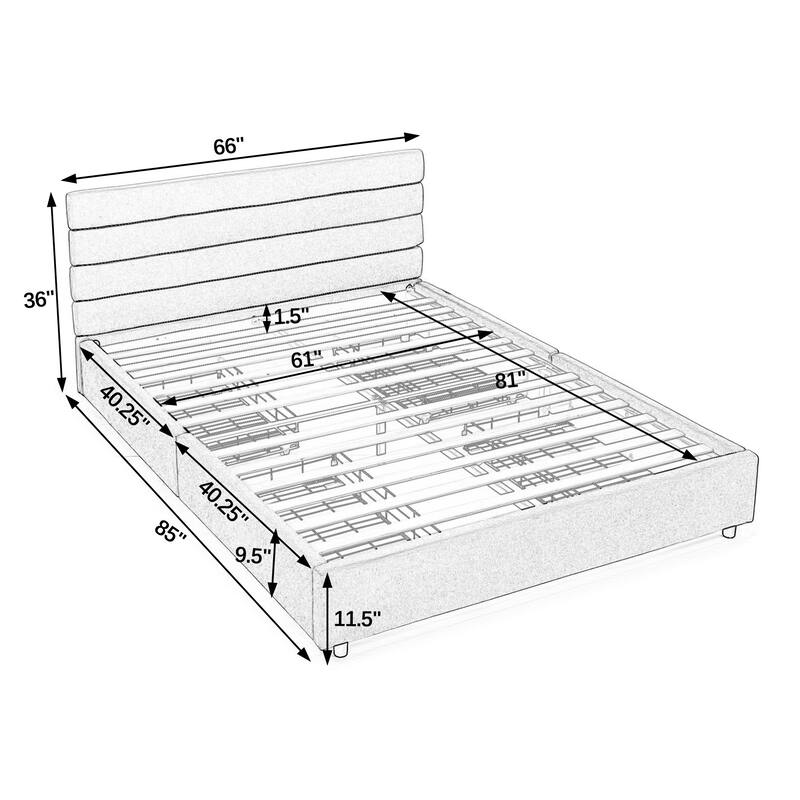 Queen size cushioned bed, comfortable cushioned bed frame, headboard and solid bed frame