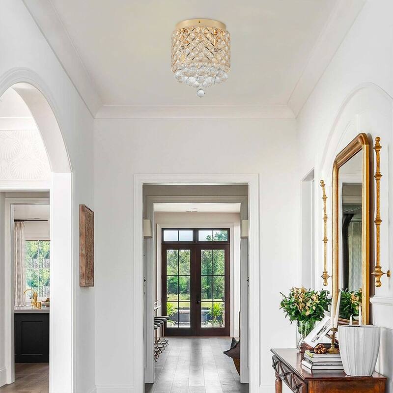 Modern Frech Gold 2-Light Clear Crystal Raindrop Flush Mount Ceiling Light