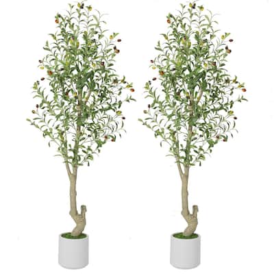 2 Pack Artificial Indoor Faux Olive Tree with White Planter