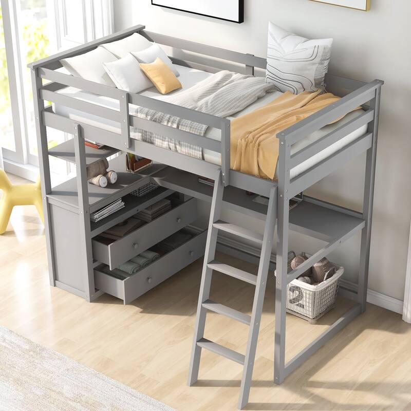 Loft Bed with Desk and Shelves, Two Built-in Drawers