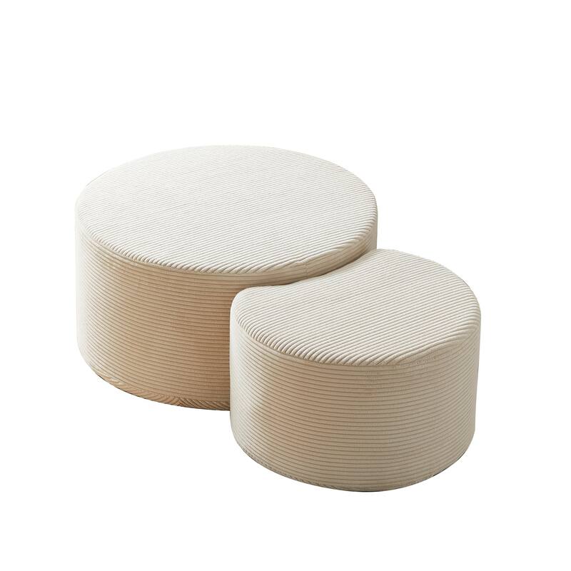 Nesting Tables Set of 2, Corduroy Upholstered Round Coffee Table and Crescent Moon Side Table Set of 2, End Tables Ottomans