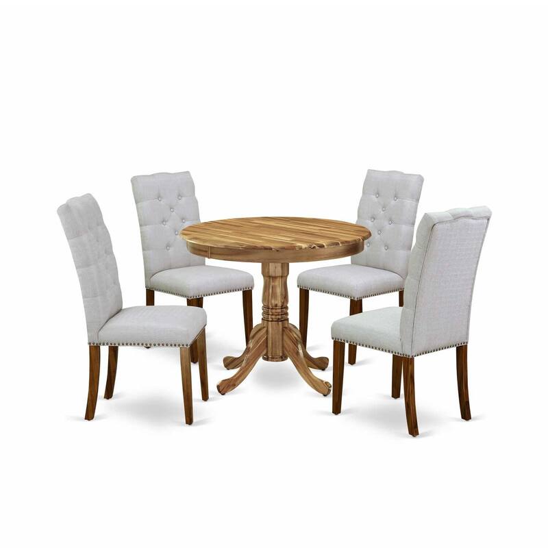 HomeStock 5-Piece Round Natural Oak Finish Solid Wood Top Dining Table with 4-Parson Chair with Lattice Back