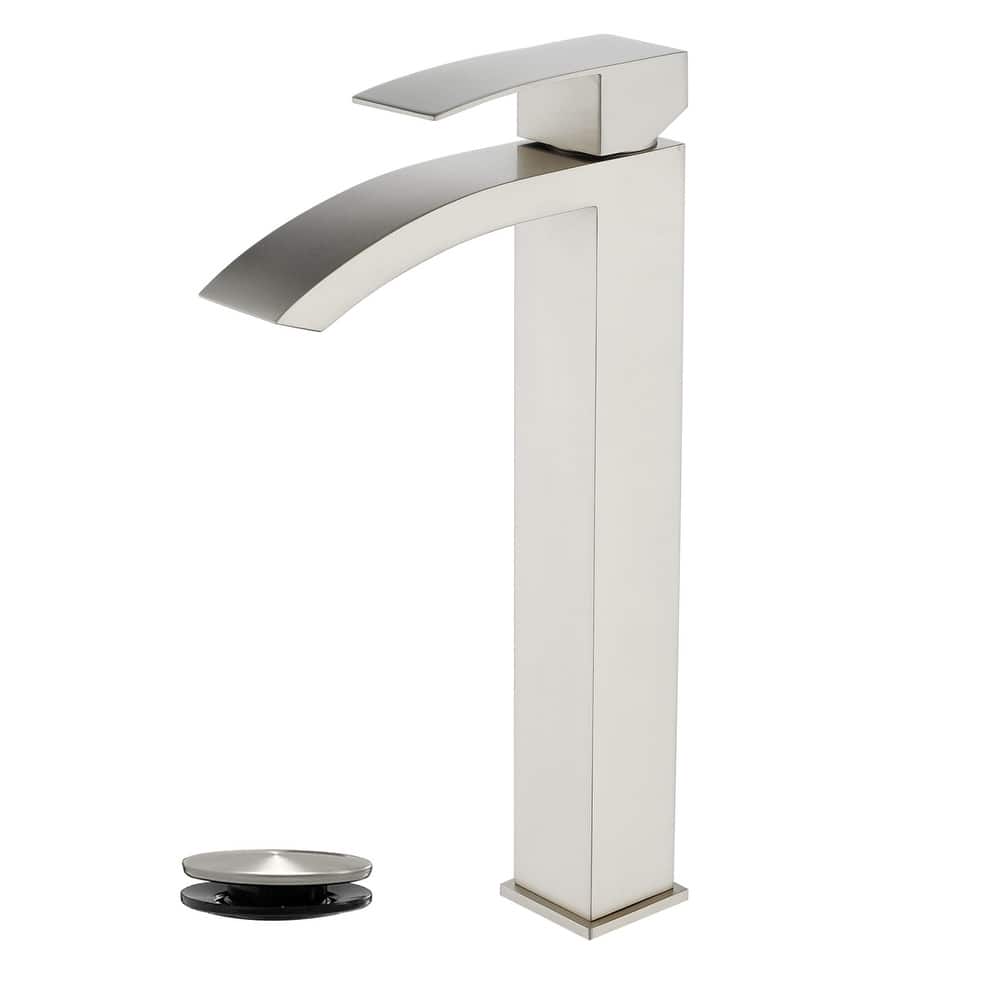 Waterfall Single Handle Bathroom Vessel Sink Faucet with Pop-up Drain 304 Stainless Steel 1 Hole High Tall Basin Vanity Faucets