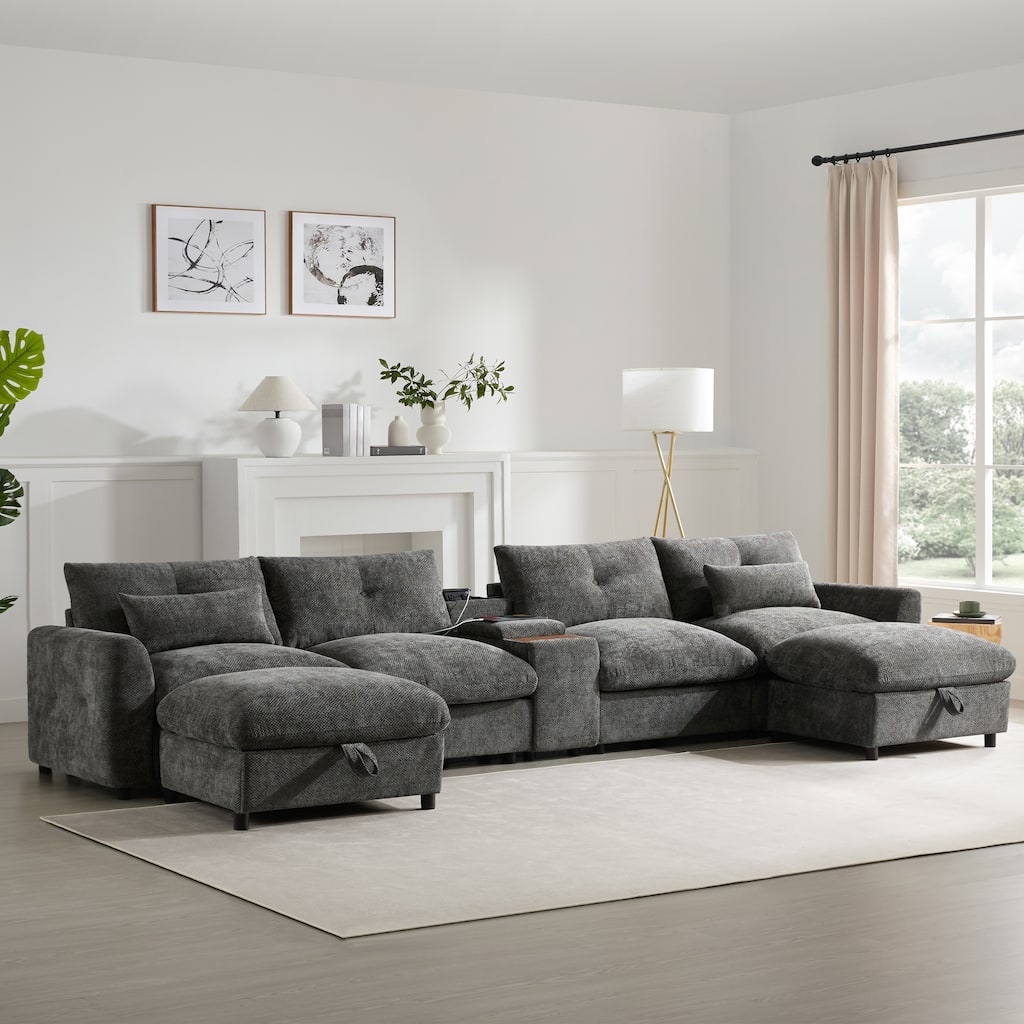 142" U-Shaped Sectional Sofa with USB, Storage & Cup Holders
