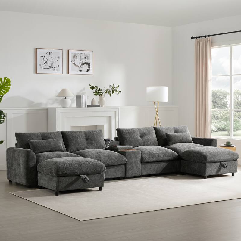 U Shaped Modular Sectional Sofa w/Ottoman, Console, Cup Holder, USB - Gray