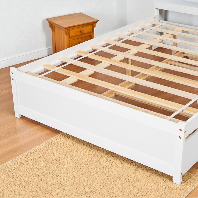 Twin/Full Bed Frame with Pull-Out Trundle and Bookcase Headboard, No Box Spring Needed