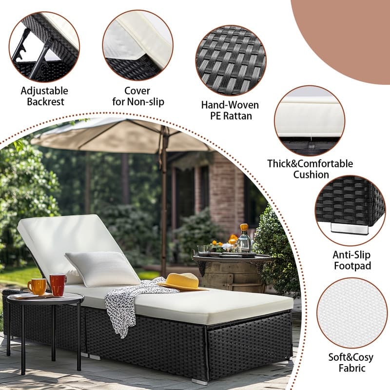 Outdoor Wicker Single Chaise Lounge with Cushion