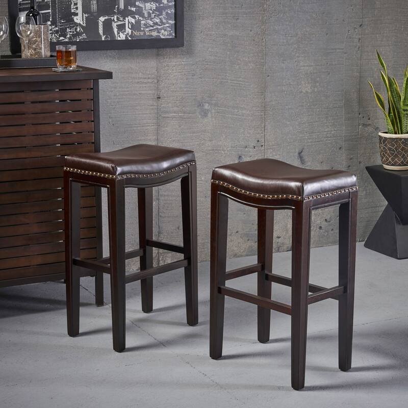 2-Pcs Set Wooden Frame Barstool, Nailhead Trim Saddle Bar Chair, Backless Counter High Chair, Upholstered Dining Chair - Brown