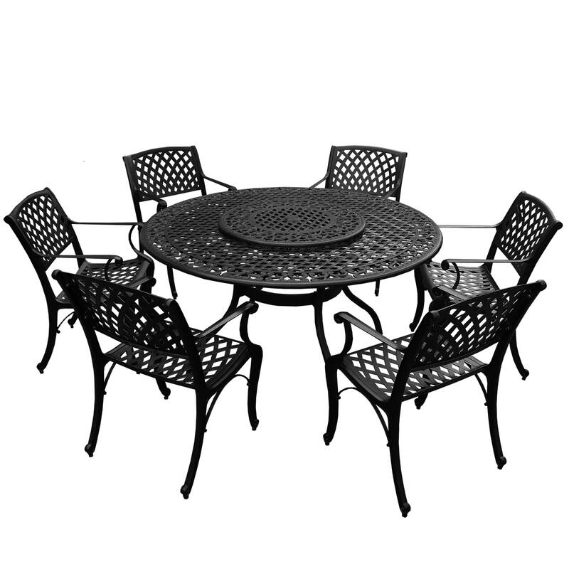 Outdoor Lattice 59 in. Round Dining Set with Lazy Susan and Six Chairs - N/A - Black