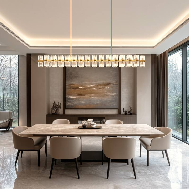 YANSUN 60-Light Brass Gold Crystal Chandelier, G4 LED, Modern Linear 3000K Warm