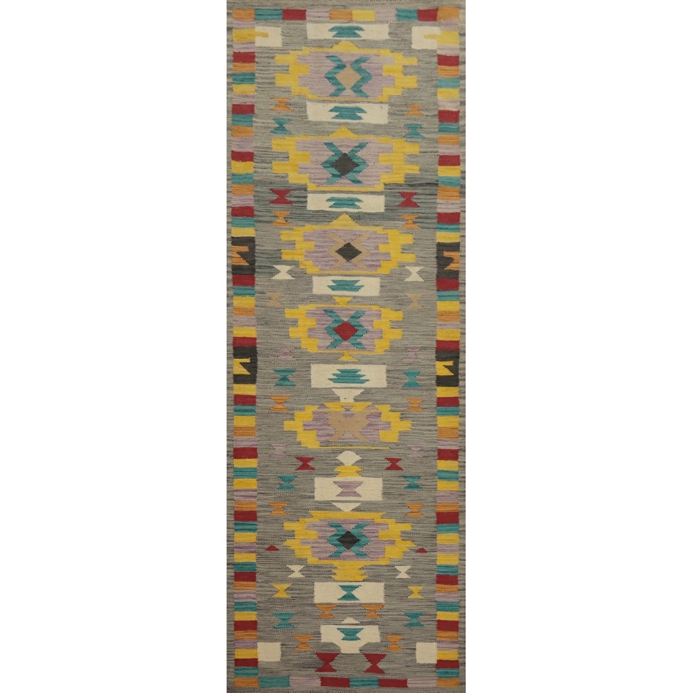 Hand Woven Oriental 100% Wool Carpet Southwestern Tribal Greys & Charcoal Kilim Runner Rug - 9' 8'' X 2' 8''
