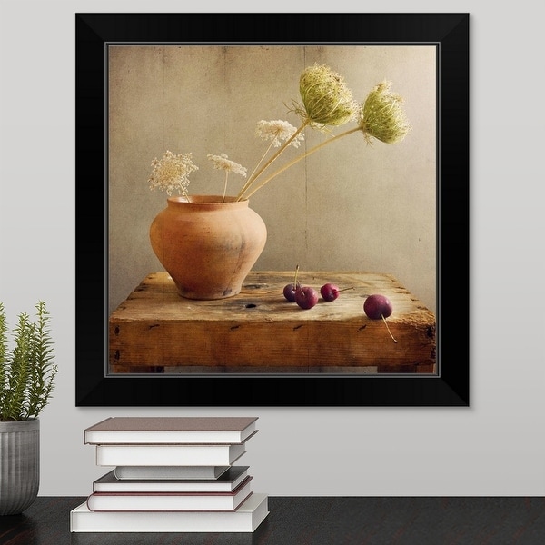 "Wild flowers with cherries on table." Black Framed Print