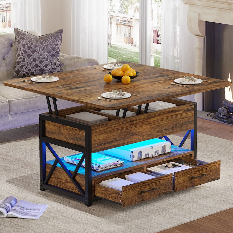 Coffee Table Lift Top 2 Drawers Hidden Compartment for Living Room