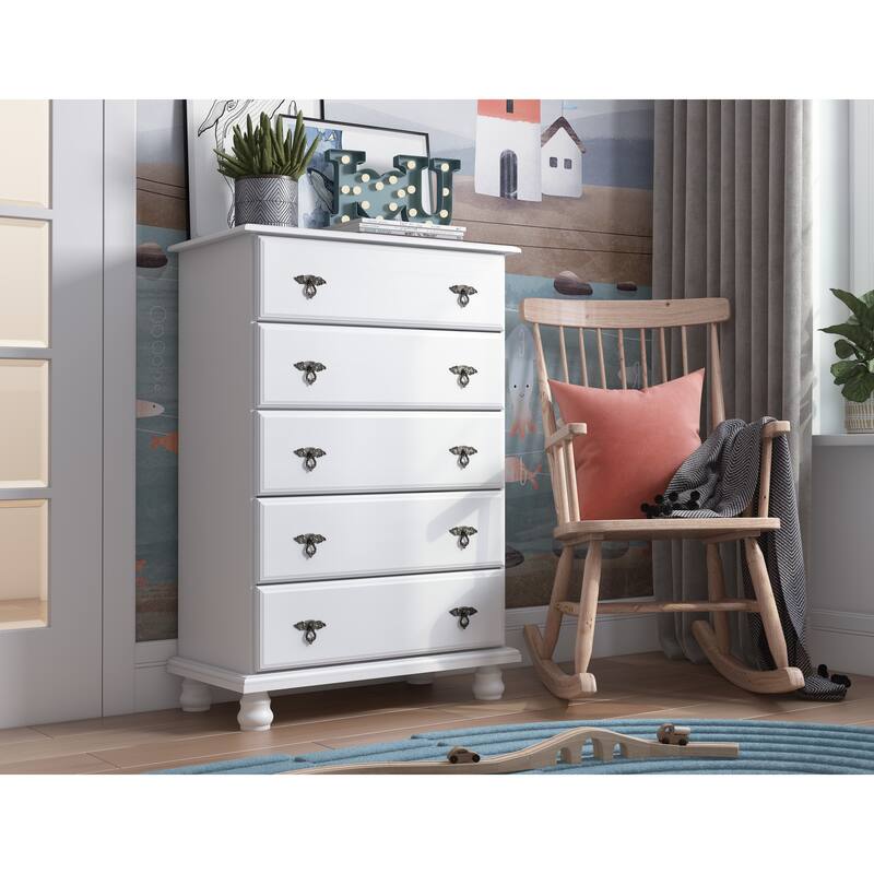 100% Solid Wood Traditional Kyle 5-Drawer Chest by Palace Imports - White