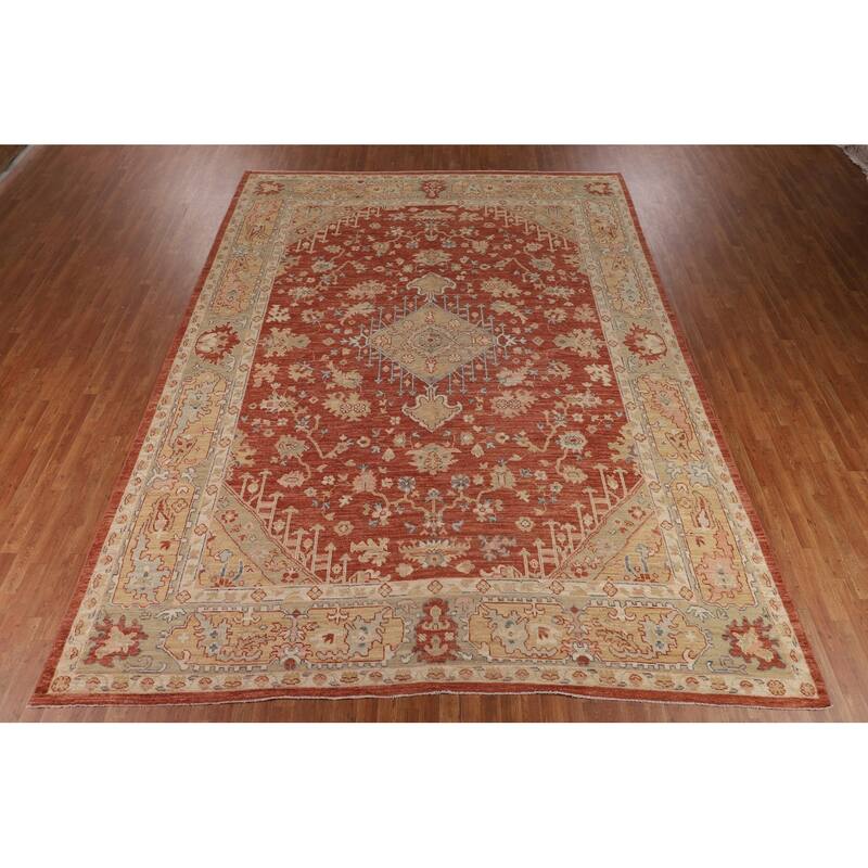 Vegetable Dye Oushak Turkish Large Rug Orange Hand-Knotted Wool Carpet - 10'8"x 13'6"