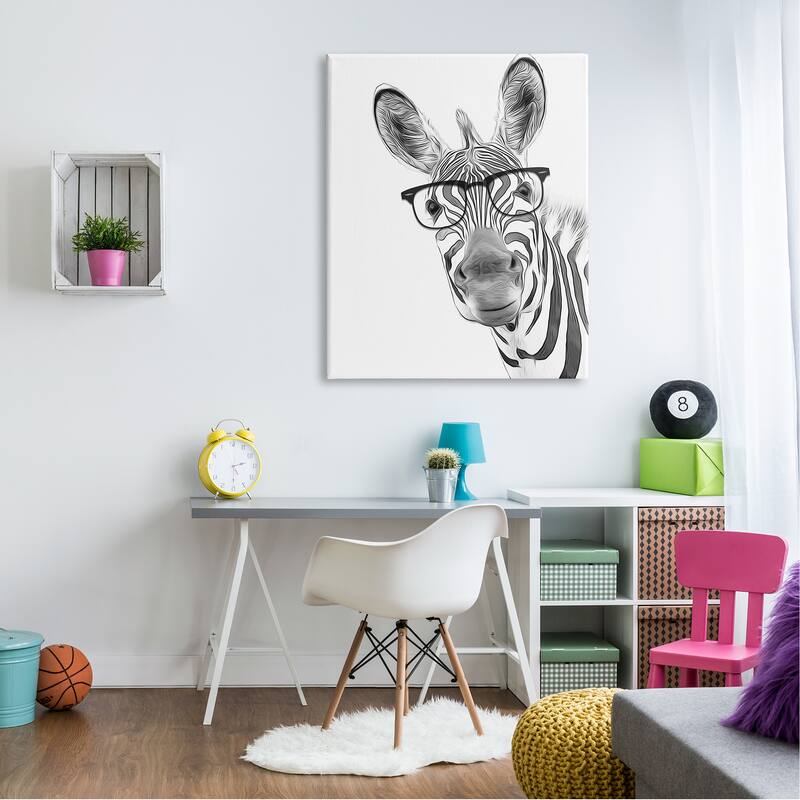 Stupell Funny Zebra Wearing Glasses Black White Monochrome Design Canvas Wall Art