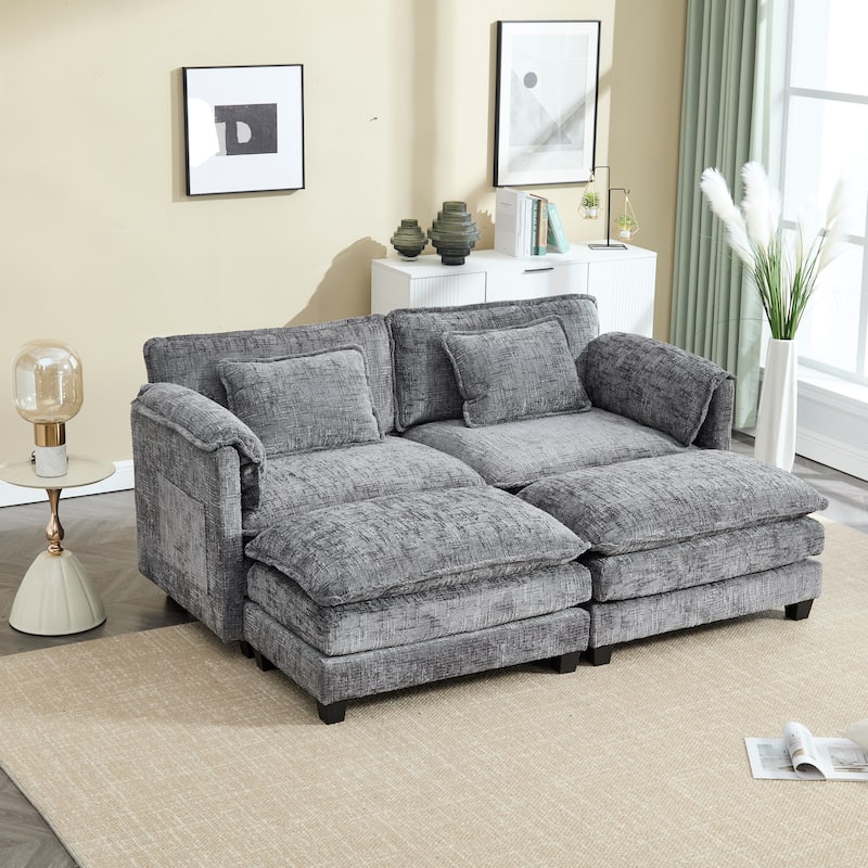 Chenille Fabric Loveseat Sofa Couch with 2 Ottomans and Side Pockets
