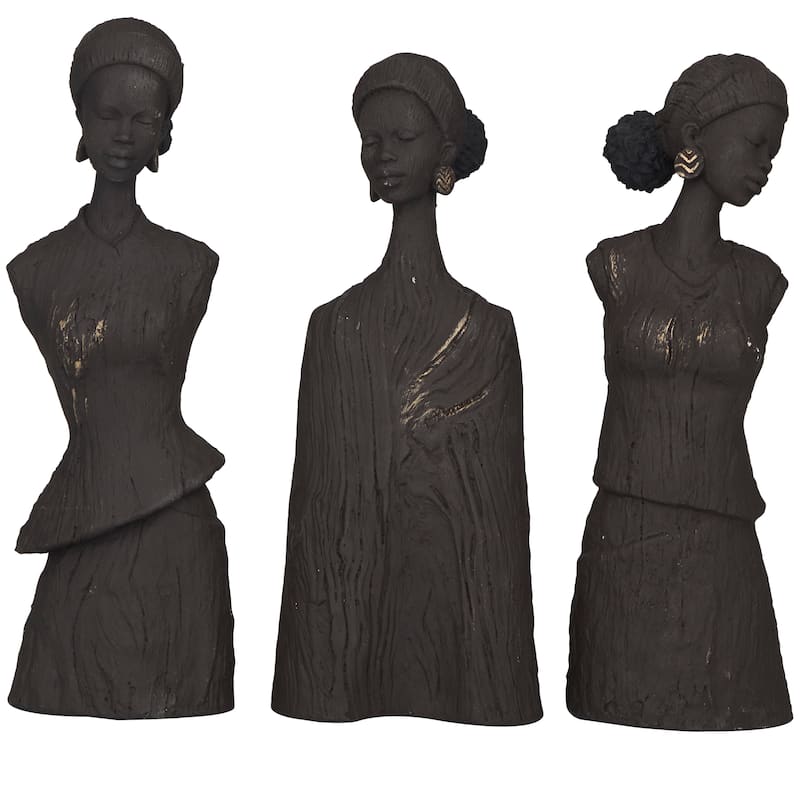 Polystone Woman African Sculpture - Set of 3 Dark Gray - Roche River Decor - 4"W x 4"L x 13"H