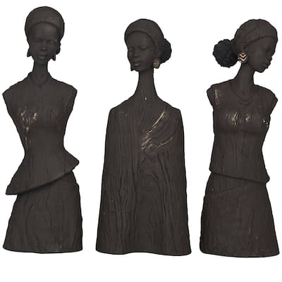 Polystone Woman African Sculpture - Set of 3 Dark Gray - Roche River Decor - 4"W x 4"L x 13"H