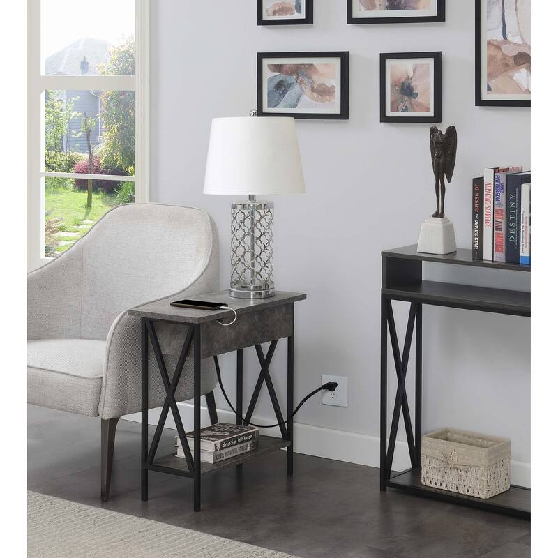 Convenience Concepts Tucson Flip Top End Table with Charging Station and Shelf - Cement/Black