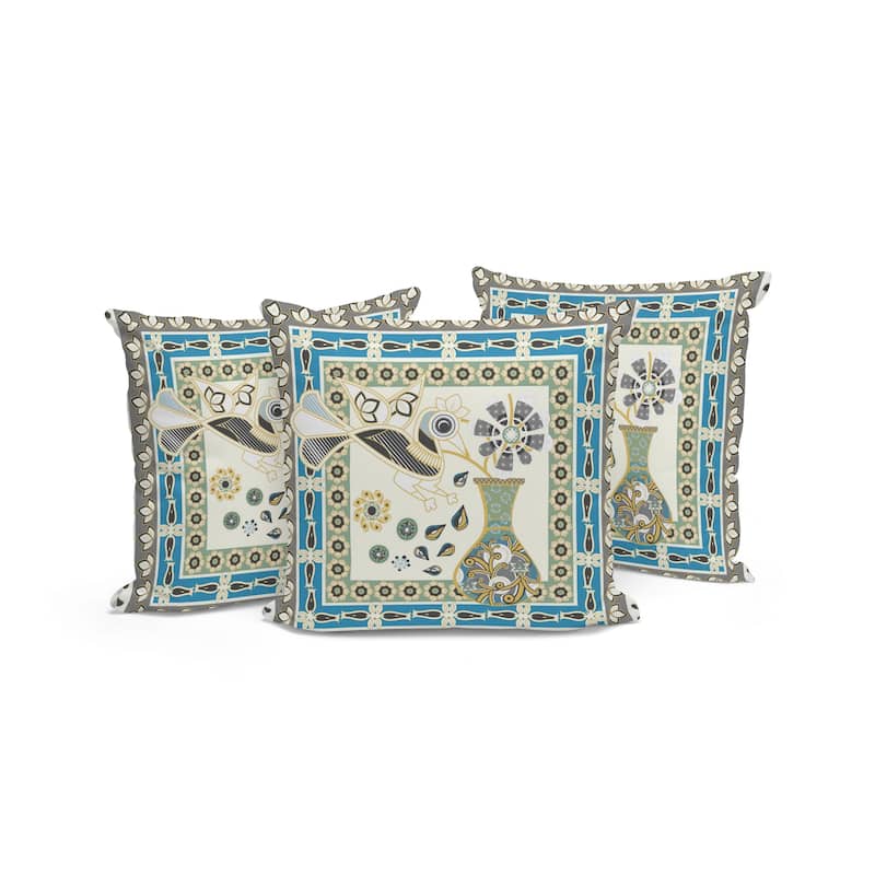 HomeRoots Set of Three 16" X 16" Green and Yellow Peacock Blown Seam Floral Indoor Outdoor Throw Pillow