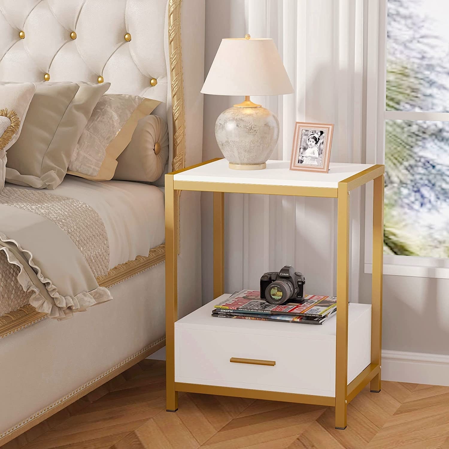 White and new arrivals gold bedside cabinet