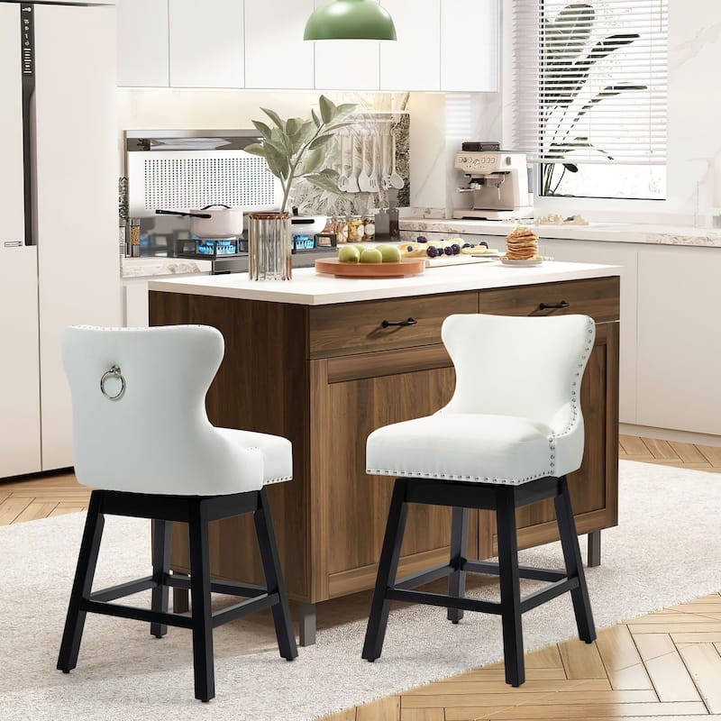 Set of 2 29" Bar Stools – 360° swivel, wood legs, fabric with pull ring, ideal for kitchens, pubs, or cafés - N/A