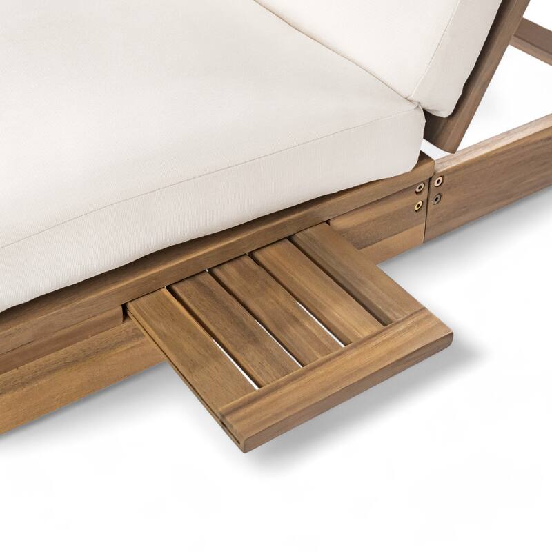 Outdoor Patio Acacia Wood Double Daybed Sunbed with Adjustable Backrest and Folding Side Trays