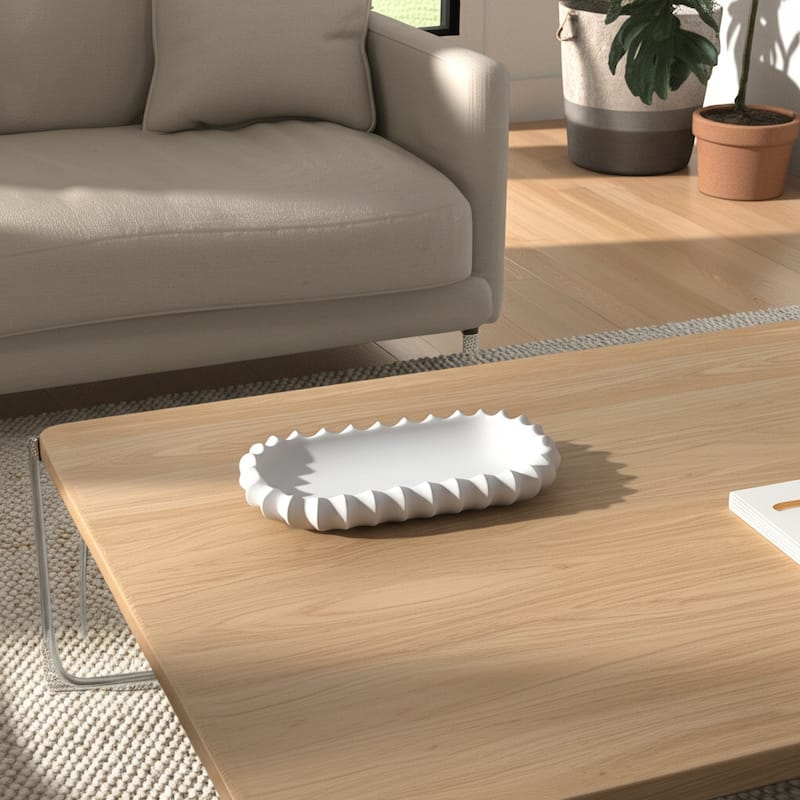 Ceramic Decorative Tray Sculpted Edge Design Modern Decor - 3" Ivory - 18" x 8" x 3"