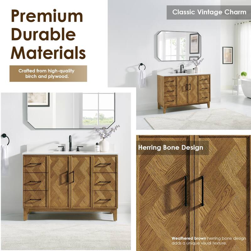 Clara Bathroom Vanity in Weathered Brown with Calacatta Truffle White Quartz Countertop No Mirror