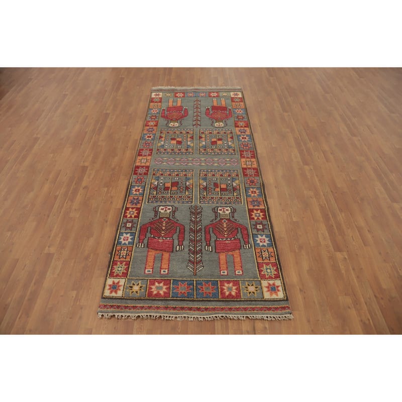 Hand-knotted Traditional Wool Grey Geometric Oriental Area Rug - 10' 1'' X 4' 0''