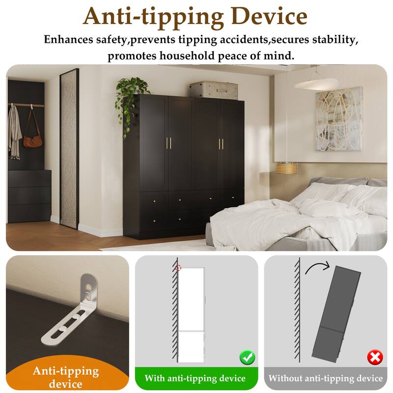 White Wardrobe Closet with Gold Handles - Modern Storage Cabinet with Drawers