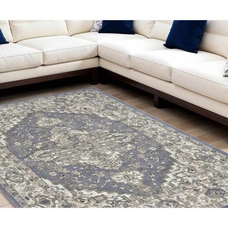 Makos Power Loomed Distressed Area Rug By HomeRoots - 118' X '94' X '0.32 - Oxford Blue - Rectangle