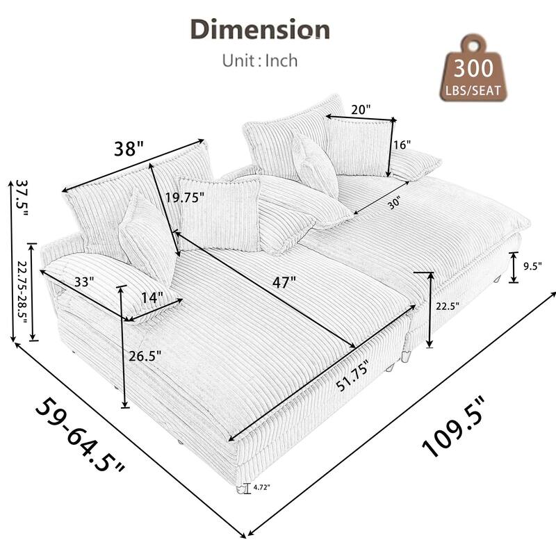 Harmonia 109" W Oversized Corduroy Sofa Bed, Deep Seat Double Lounge Chaise with 4 Pillows